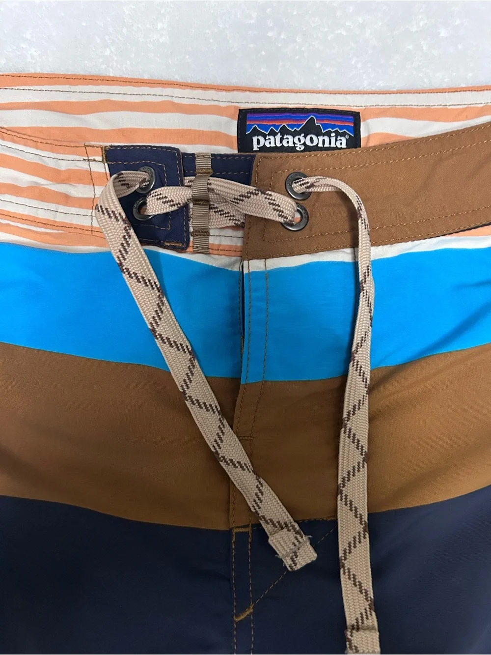 Patagonia Brown, Blue & Cream Striped Men’s Boardshorts
